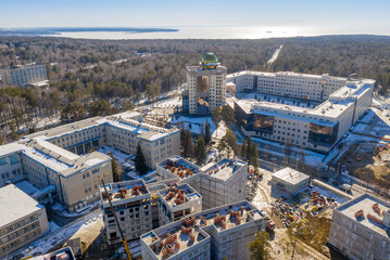 Aerial view of the construction of Novosibirsk State University, in spring