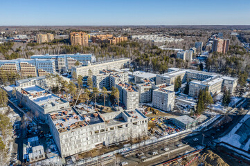 Aerial view of the construction of Novosibirsk State University, in spring