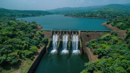 Aerial view of a large dam surrounded by lush greenery, with water cascading down the spillway under a clear blue sky