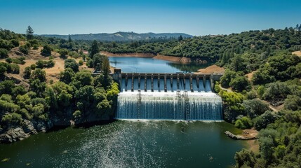 Aerial view of a large dam surrounded by lush greenery, with water cascading down the spillway under a clear blue sky