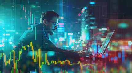 Blended image of a businessman using a financial software, with profit and loss charts and stock market data overlaying