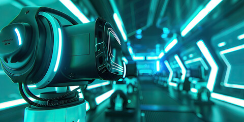 Fototapeta premium Teal Virtual Reality Gaming Arena: Showing a gaming arena where players engage in intense virtual reality battles and challenges, with futuristic gaming rigs and immersive environments