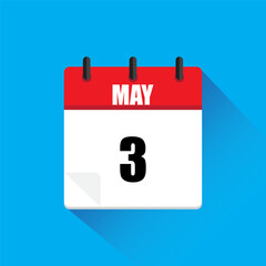 Calendar icon vector. Red May header. Date three. Blue background shadow.