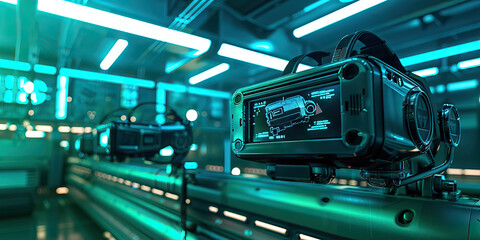 Teal Virtual Reality Gaming Arena: Showing a gaming arena where players engage in intense virtual reality battles and challenges, with futuristic gaming rigs and immersive environments