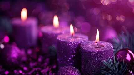 Glittering Purple Advent Candles with Soft Blurry Lights