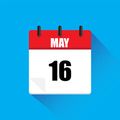 Calendar icon. Red and white. May 16. Vector illustration.
