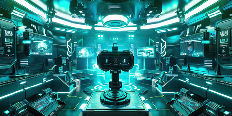 Fototapeta premium Teal Virtual Reality Gaming Arena: Showing a gaming arena where players engage in intense virtual reality battles and challenges, with futuristic gaming rigs and immersive environments