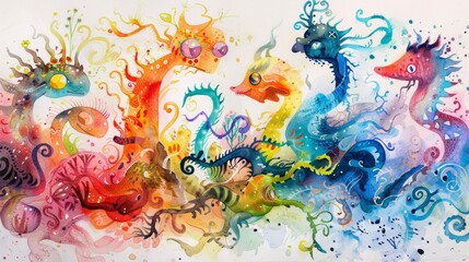 A whimsical watercolor painting featuring fantastical creatures each one representing a different type of supersymmetric partner.