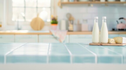 Bright Morning in a Stylish Kitchen Featuring Milk Bottles and Cheese on a Light Blue Ceramic Table, Celebrating National Dairy Month