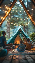 Family Camping Indoors: Children and Parents Create a Cozy Living Room Campsite, Complete With Tent and Fairy Lights During National Camping Month