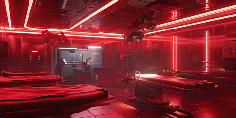 Crimson Cybernetic Enhancement Clinic: Displaying a clinic where individuals undergo cybernetic surgeries and enhancements, with red-tinted lights and a clinical atmosphere