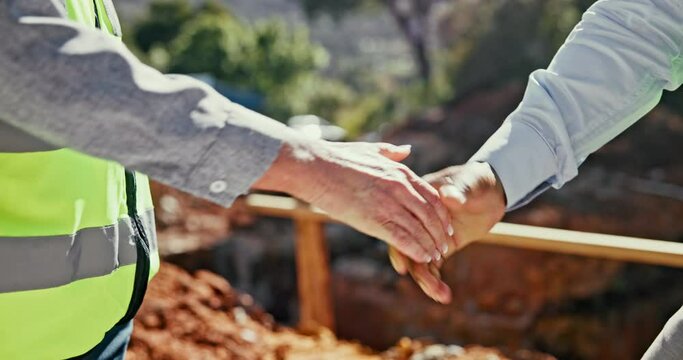 People, welcome and handshake outdoor on construction site for greeting and project management agreement with client. Person, contractor and shaking hands for deal for industrial property development