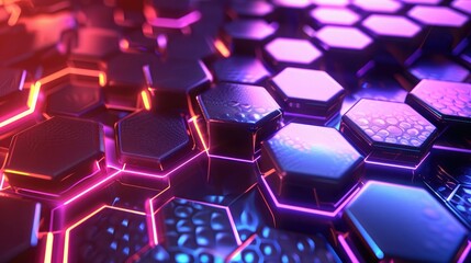 Digital abstract background with a futuristic look, featuring hexagonal patterns and neon lights