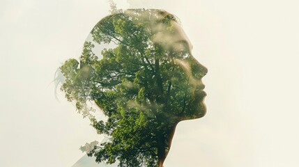 Double exposure abstract image combining human silhouette and nature elements