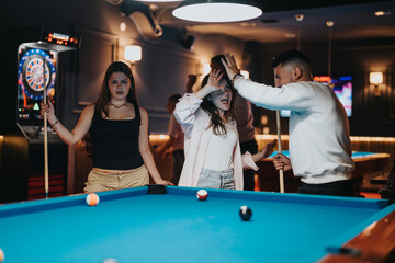 A group of friends enjoys a joyful and fun night out playing pool in a lively bar, expressing happiness and togetherness.