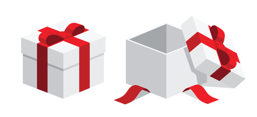 Single colourful square white gift boxes with red ribbon flat design illustration. Open close. Isometric vector interface elements for app icon ui ux banner web invitation isolated on white background