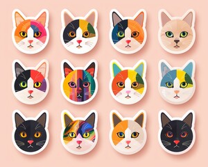 Minimal modern image of a set of pride cat stickers featuring cats with rainbow fur and pride accessories, centered on a clean pastel background, vibrant colors, simple design