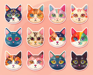 Fototapeta premium Minimal modern image of a set of pride cat stickers featuring cats with rainbow fur and pride accessories, centered on a clean pastel background, vibrant colors, simple design