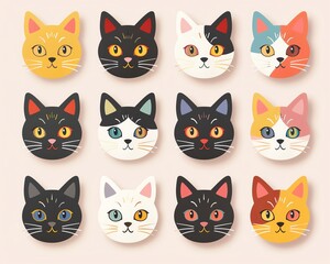 Minimal modern image of a set of pride cat stickers featuring cats with rainbow fur and pride accessories, centered on a clean pastel background, vibrant colors, simple design