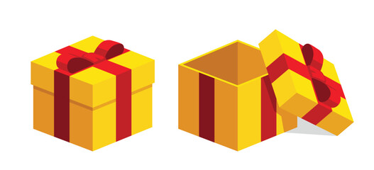 Single colourfu square yellow gift boxes with red ribbon flat design illustration. Open / close. Isometric vector interface elements for app icon ui banner web invitation isolated on white background