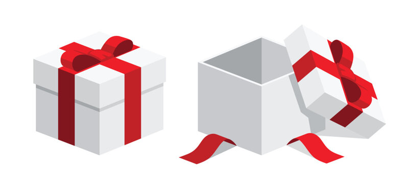 Single colourful square white gift boxes with red ribbon flat design illustration. Open close. Isometric vector interface elements for app icon ui ux banner web invitation isolated on white background