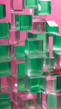 A stack of plastic or glass cubes arranged neatly on a vibrant pink surface, background, backdrop