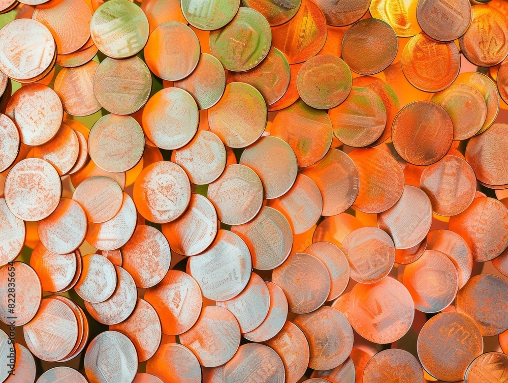 Poster intricate pattern of bright orange coins in symmetrical arrangement, captured in softly lit aerial v