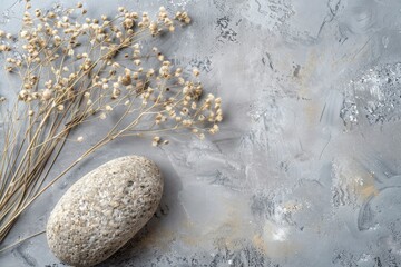 Minimalist round stone Rock and bouquet of dry on gray background. Place, background for cosmetics. Top view. Copy space - generative ai