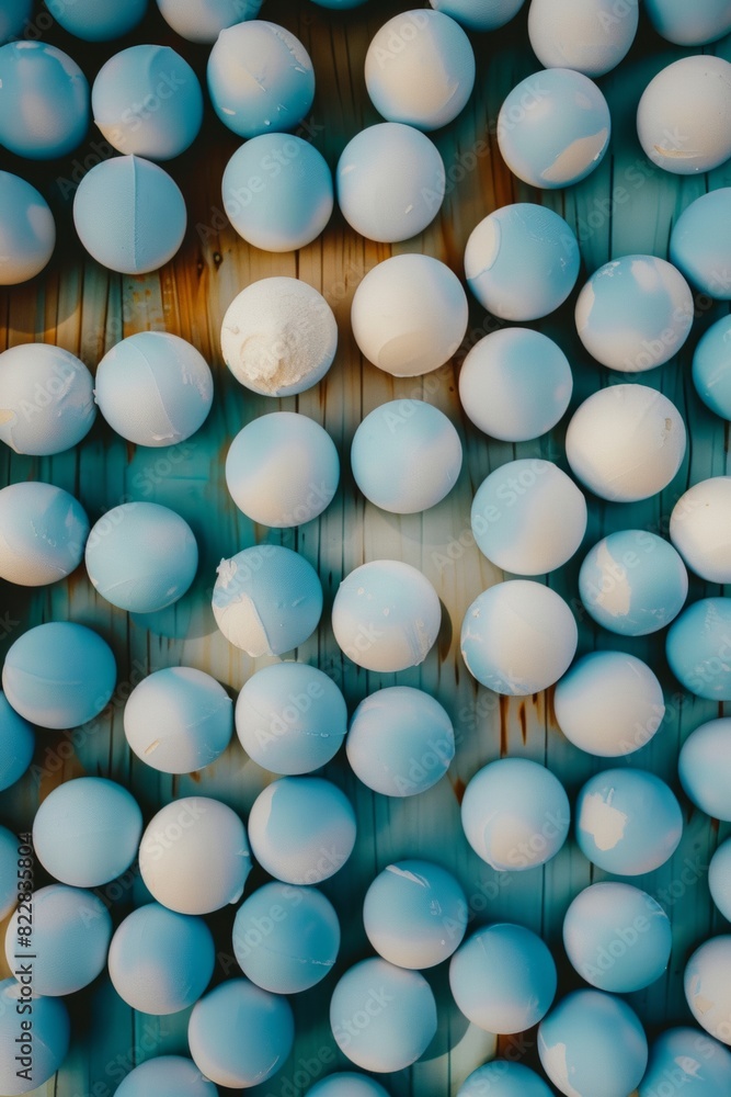 Poster symmetrical aerial view of pastel blue ice cream scoops with geometric patterns in bright light