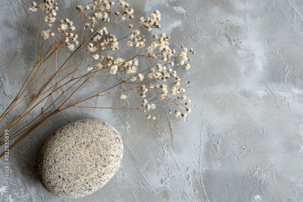 Wall mural minimalist round stone rock and bouquet of dry on gray background. place, background for cosmetics. 