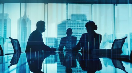 Overlay of a business team working on a financial project, with profit and loss charts superimposed