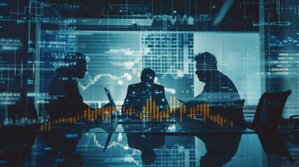 Overlay of a business team working on a financial project, with profit and loss charts superimposed