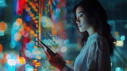 Overlay of a businesswoman holding a tablet, with digital profit and loss graphs merging into the image