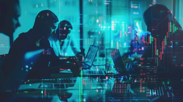 Overlay of a business team working on laptops, with digital financial charts and data superimposed
