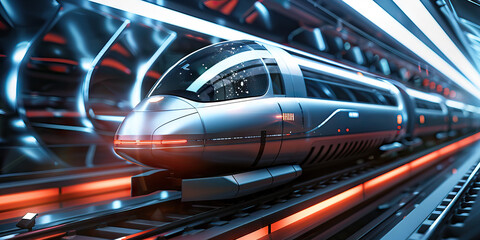 Silver High-Speed Maglev Train: Featuring a high-speed train system that connects different parts of the futuristic city with advanced magnetic levitation technology.