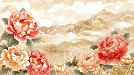 Design in vintage style with Oriental wave pattern and floral decoration element.  