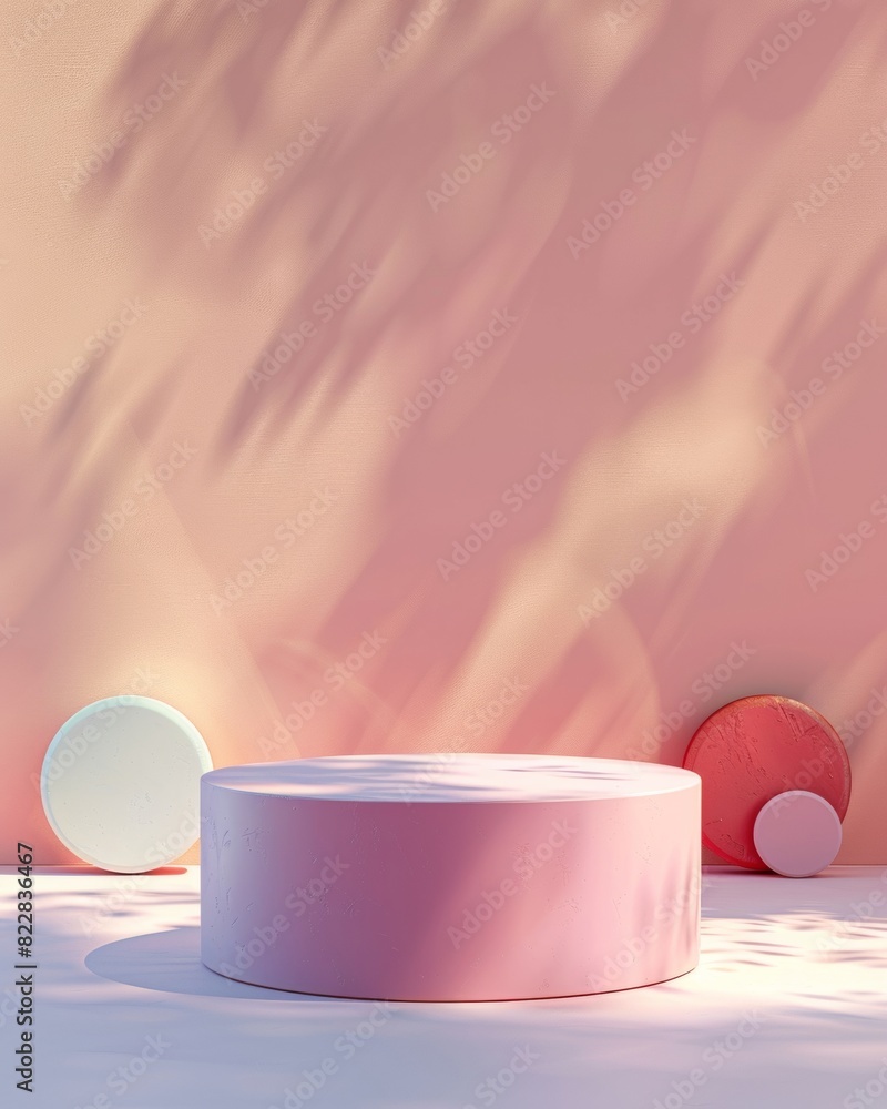 Poster Contemporary Minimalist Design Featuring Candy-Colored Round Podium on Soft, Textured Background with Diffused Overhead Lighting for Product Display