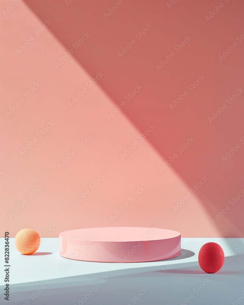 Poster minimalist candy-colored podium on soft textured background for modern product display, soft overhea