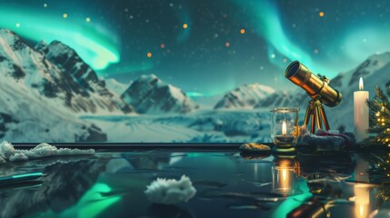Serene Northern Lights Display over Glossy Black Table with Snowy Norwegian Landscape Background for Enchanting Montage