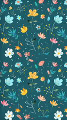 Collection of colorful floral elements in flat color. Set of spring and summer wild flowers, plants, branches, leaves and herb.