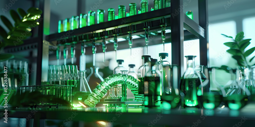 Poster green biohacking laboratory: displaying a laboratory where scientists conduct experiments on genetic