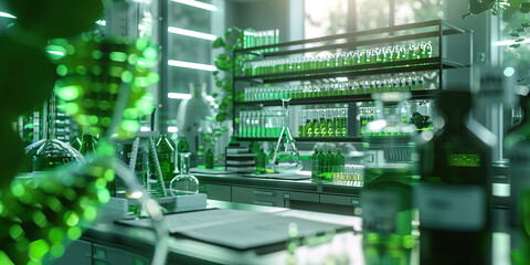 Fototapeta premium Green Biohacking Laboratory: Displaying a laboratory where scientists conduct experiments on genetic engineering and biohacking