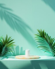 Fototapeta premium Serene Countryside Podium Display for Premium Milk with Glossy Ceramic Podium on Vibrant Blue Floor, Surrounded by Lush Greenery