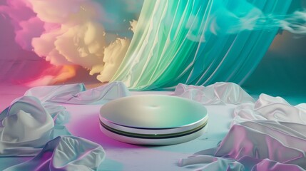 Enchanting Emerald Podium under Mesmerizing Aurora Borealis in Arctic Wonderland - Ethereal Magical Landscape with Glossy Podium and Vibrant Northern Lights