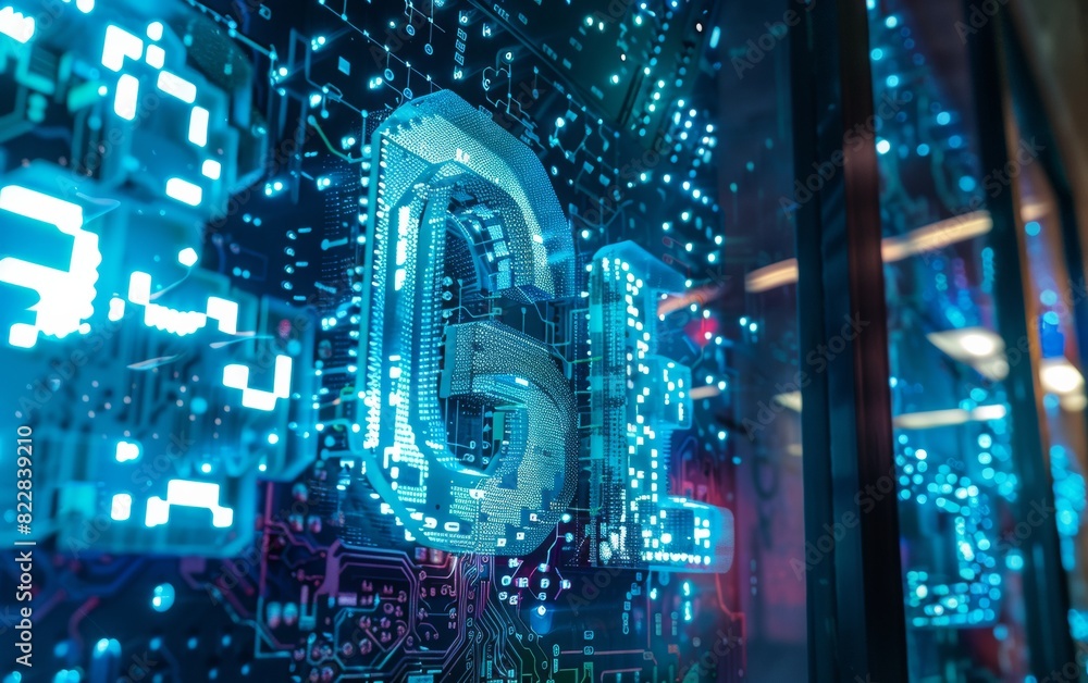 Poster futuristic network security concept with glowing digital lock amidst circuit boards at night
