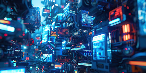 Blue Cybernetic Bazaar: Featuring a bustling marketplace where individuals buy and sell illegal cybernetic implants and technology