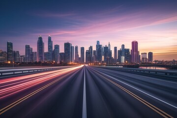 long exposure asphalt highway road and city skyline background