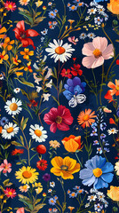 Collection of colorful floral elements in flat color. Set of spring and summer wild flowers, plants, branches, leaves and herb.