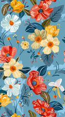 Collection of colorful floral elements in flat color. Set of spring and summer wild flowers, plants, branches, leaves and herb.