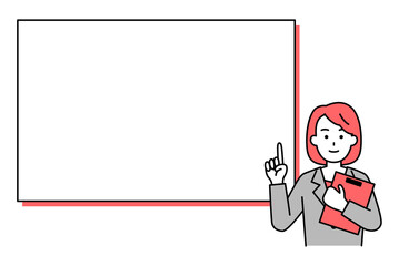 ホワイトボードの前でクリップボードを持って説明するスーツの女性